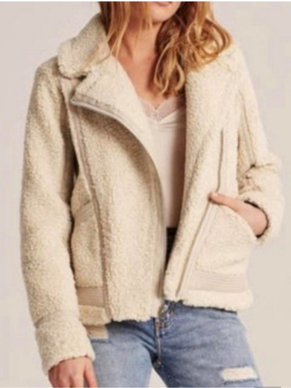 Abercrombie & Fitch Cream Sherpa Zip-Up Moto Faux Leather Trim Heavy Jacket  Med